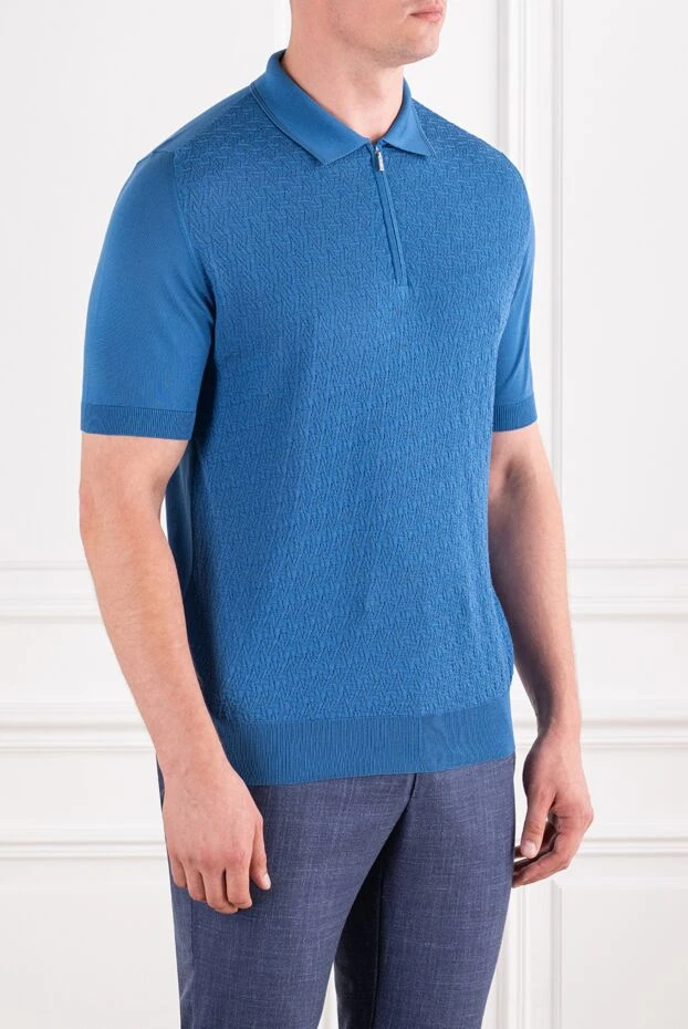 Zilli blue textured knit polo shirt with zip-up and geometric pattern 195242 - photo 3