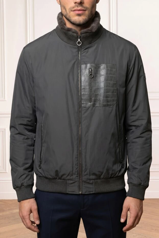 Men's gray fur-lined bomber jacket with a crocodile skin pocket - photo 1
