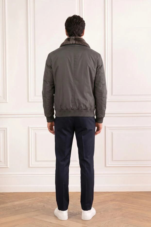 Men's gray fur-lined bomber jacket with a crocodile skin pocket - photo 2