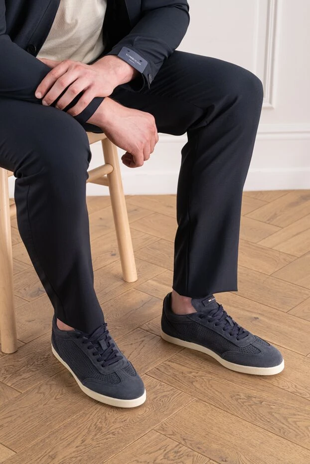 Dark blue suede sneakers with perforations - photo 2