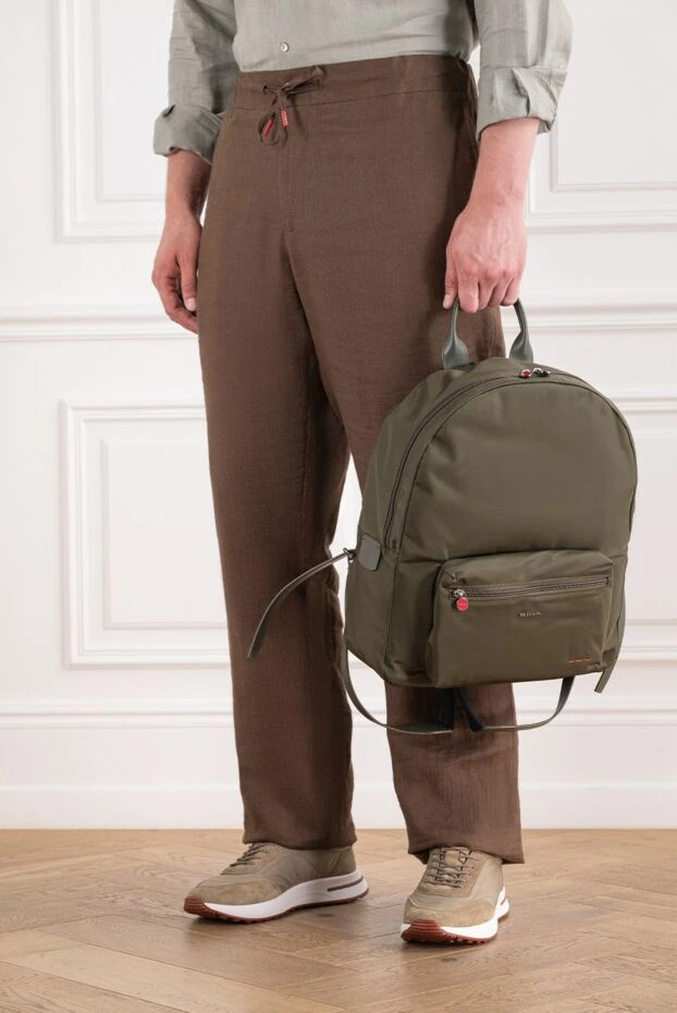 Men's khaki-colored textile backpack with leather handles - photo 2