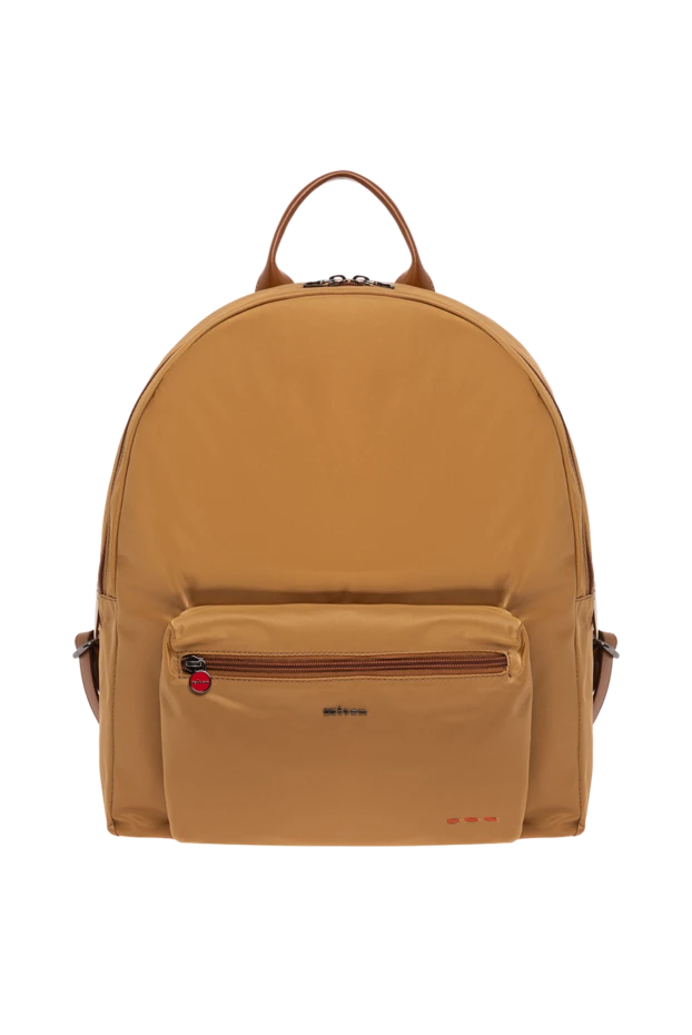 Mustard textile backpack with leather trim and red embroidery - photo 1