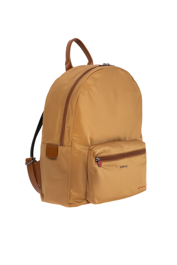 Kiton горчичный текстильный рюкзак с кожаной отделкой и красной вышивкой 195840 - фото 3