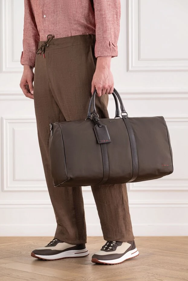 Brown fabric travel bag with leather trim and red stitching - photo 2