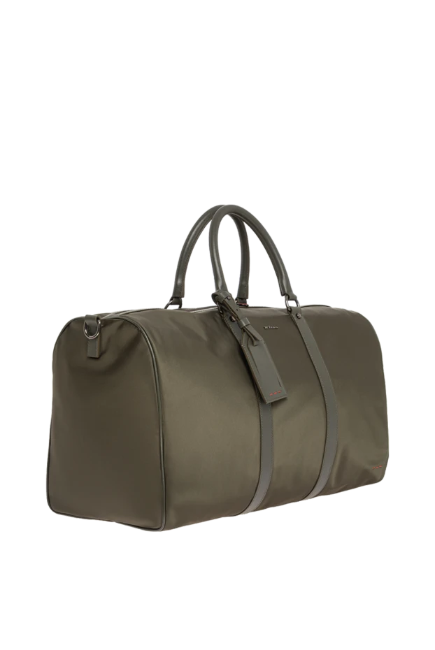 Kiton дорожная зеленая сумка из текстиля с кожаной отделкой и красными стежками 195846 - фото 3