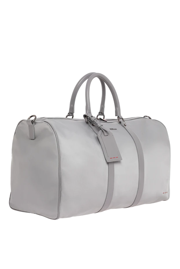 Kiton дорожная серая сумка из текстиля с кожаной отделкой и красными стежками 195847 - фото 3