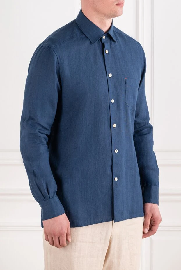 Kiton мужская синяя льняная рубашка с накладным карманом и контрастным стежком 195856 - фото 3