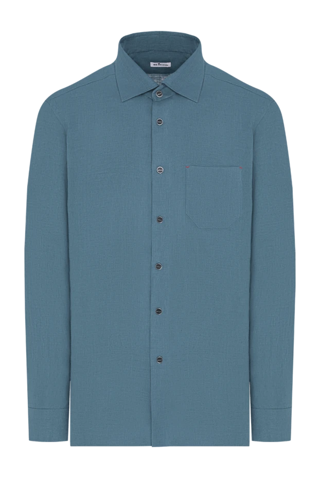 Men's gray-turquoise linen straight-cut shirt with branded buttons - photo 1