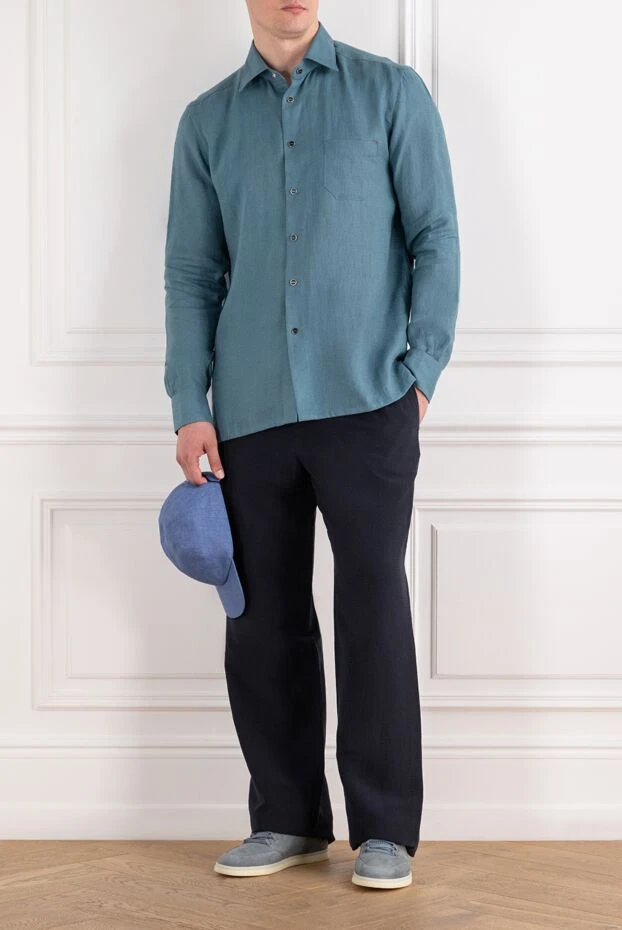 Men's gray-turquoise linen straight-cut shirt with branded buttons - photo 2