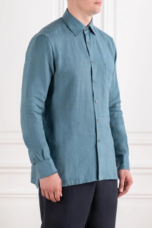 Kiton мужская серо-бирюзовая льняная рубашка прямого кроя на брендированных кнопках 195859 - фото 3