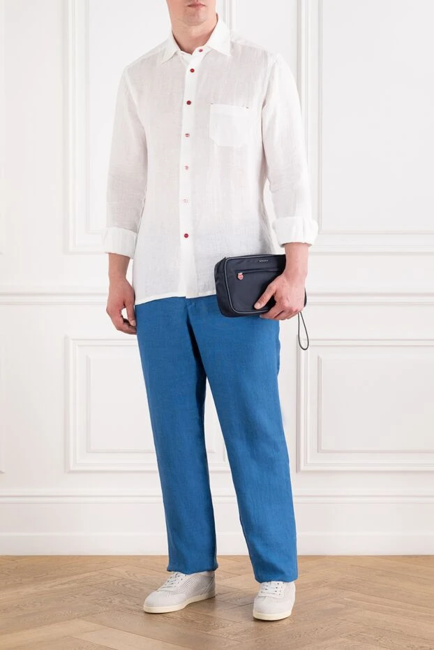 Men's white linen straight-fit shirt with contrast buttons - photo 2