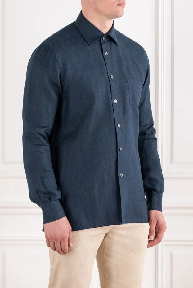 Kiton мужская темно-синяя льняная рубашка прямого кроя с брендированными кнопками 195863 - фото 3