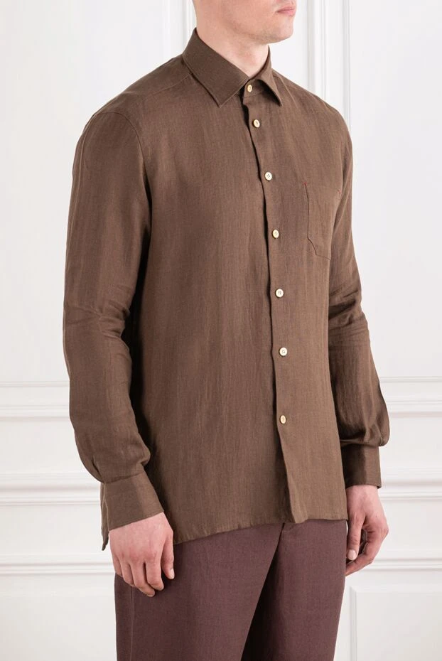 Kiton мужская коричневая льняная рубашка прямого кроя с накладным карманом 195864 - фото 3