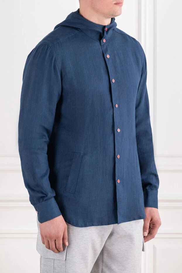 Kiton мужская темно-синяя льняная ветровка-рубашка с капюшоном и контрастными кнопками 195865 - фото 3