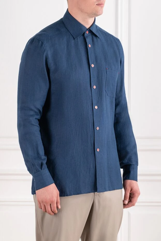 Kiton мужская синяя рубашка прямого кроя с контрастными кнопками и карманом 195868 - фото 3