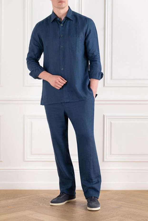 Kiton мужские синие льняные брюки прямого кроя на кулиске 195872 - фото 2