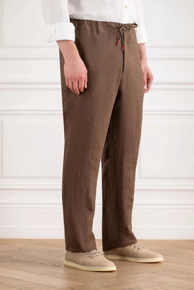 Kiton мужские коричневые льняные брюки прямого кроя на кулиске 195874 - фото 3