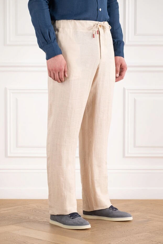Kiton мужские бежевые льняные брюки прямого кроя на кулиске 195875 - фото 3