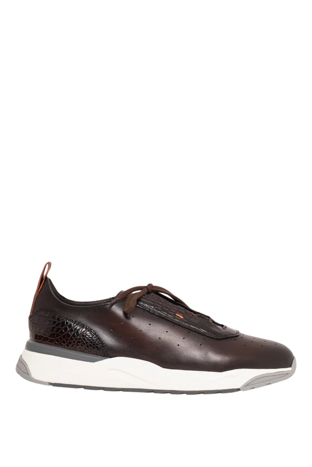 Santoni қолтырауынмен безендірілген және қызғылт сары түсті әшекейлері бар қоңыр былғары кроссовкалар 195879 - фото 1
