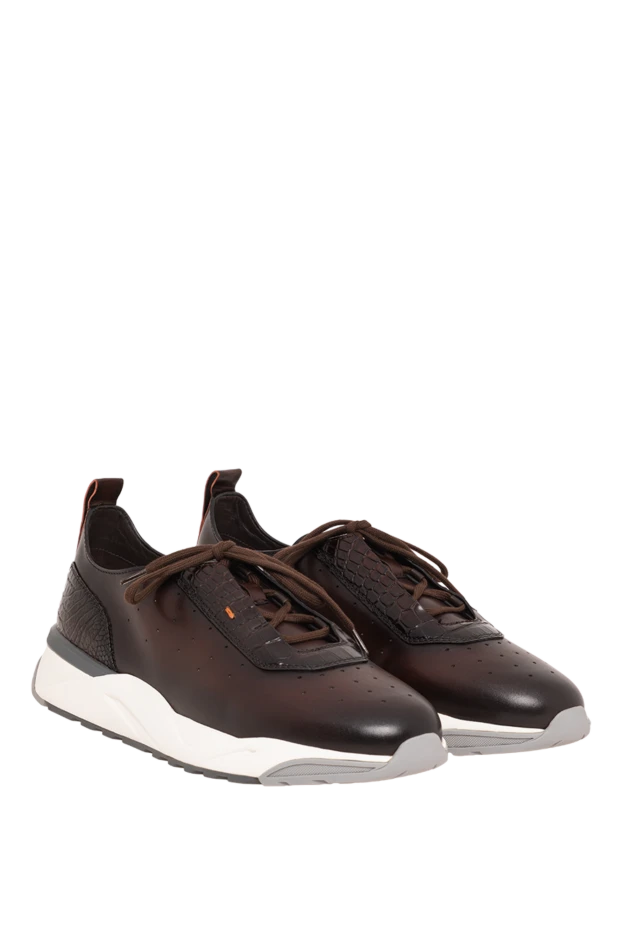 Santoni қолтырауынмен безендірілген және қызғылт сары түсті әшекейлері бар қоңыр былғары кроссовкалар 195879 - фото 3