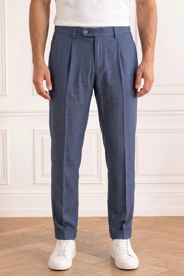Blue trousers in premium wool, silk and linen with pleats and wide cuffs - photo 1