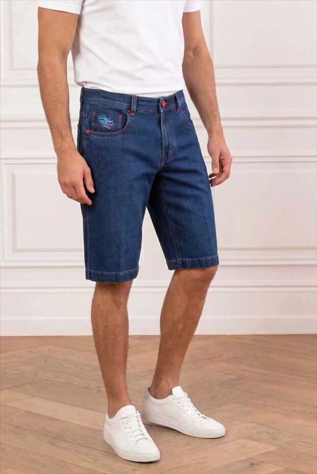 Dark blue denim shorts with embroidery and red hardware - photo 1