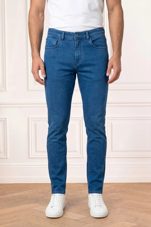 Men's bright blue skinny jeans with embroidery - photo 1