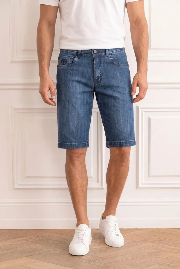 Blue denim shorts with dark embroidery on the pocket - photo 1