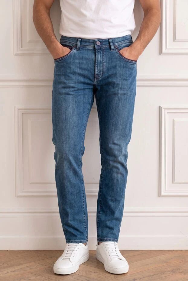 Men's blue jeans with a bright purple patch - photo 1