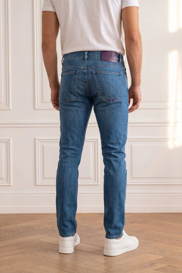 Men's blue jeans with a bright purple patch - photo 2