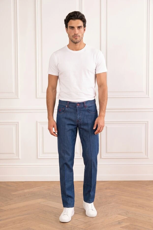 Men's blue skinny jeans with burgundy trim - photo 1