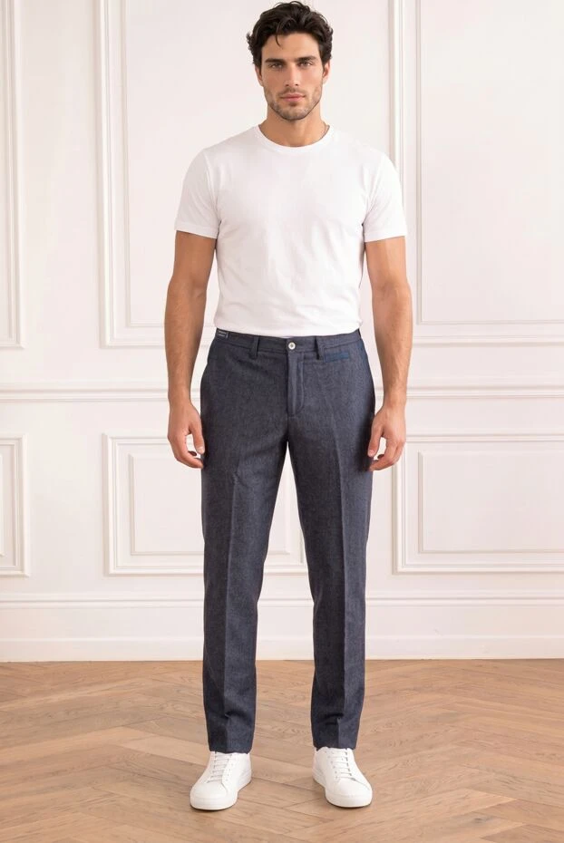 Dark blue classic trousers in textured fabric with contrasting back pocket trim - photo 1