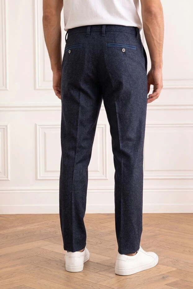 Dark blue classic trousers in textured fabric with contrasting back pocket trim - photo 2