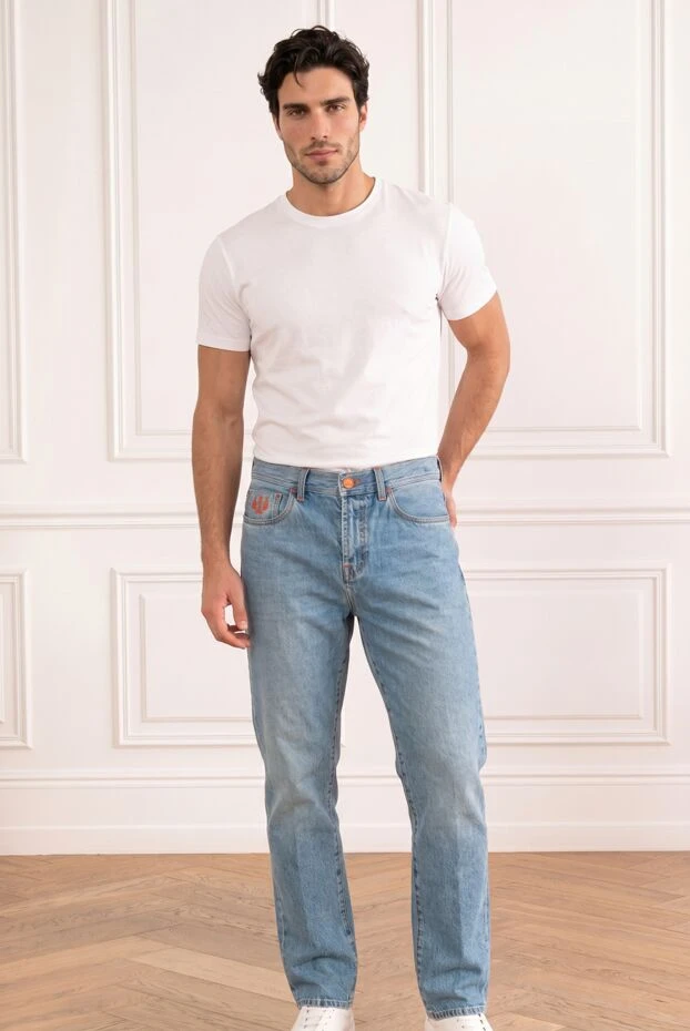 Light blue straight-leg jeans with contrasting embroidery on the pocket - photo 1