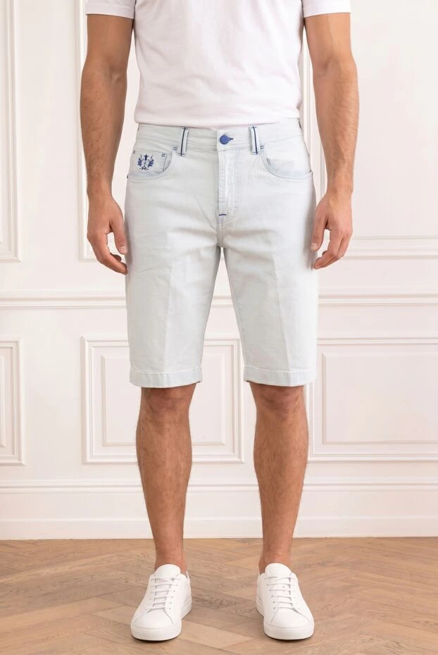 Light blue denim Bermuda shorts with contrast embroidery - photo 1