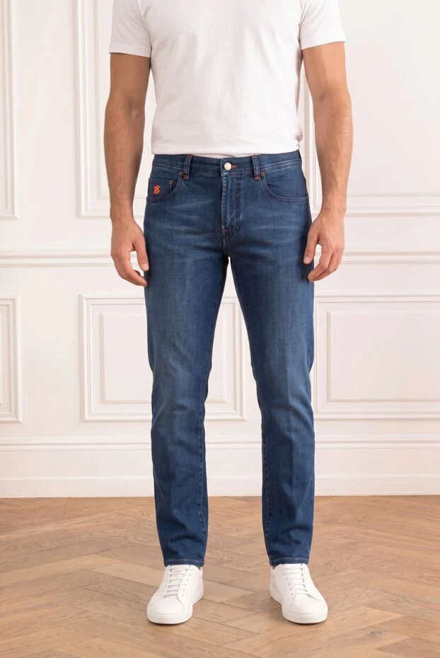 Men's blue skinny jeans with orange logo embroidery - photo 1