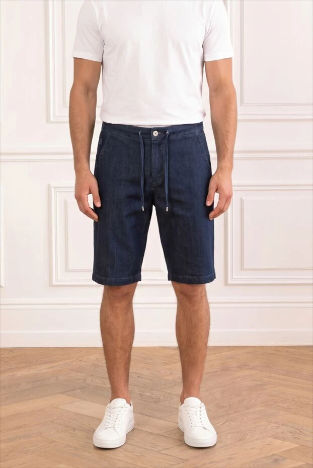 Dark blue Bermuda shorts in fine denim with adjustable drawstring - photo 1