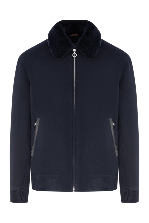 Dark blue bomber jacket with fur collar and crocodile skin piping on the pockets - photo 1