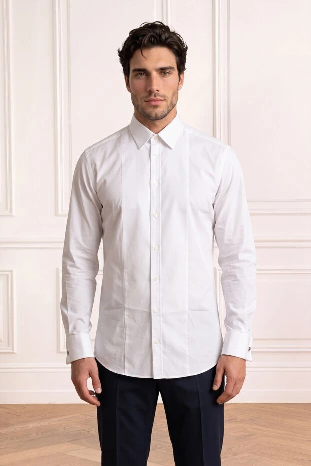 Men's white cotton fitted shirt with decorative stitching - photo 1