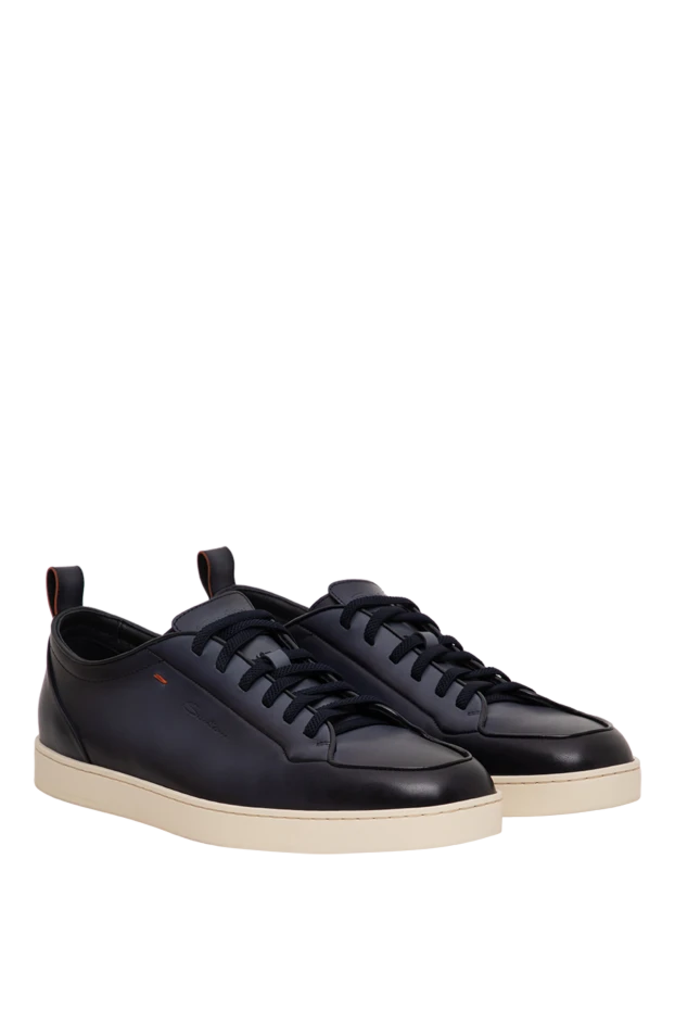 Santoni men's dark blue leather sneakers with a contrasting flat sole 196469 - photo 3