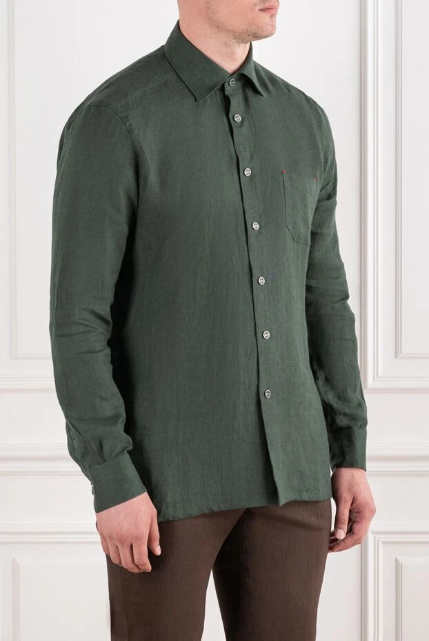 Kiton мужская льняная рубашка глубокого изумрудного оттенка с накладным карманом 196473 - фото 3