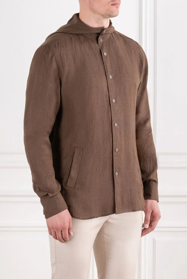 Men's bright blue linen hoodie shirt with red buttons - photo 2