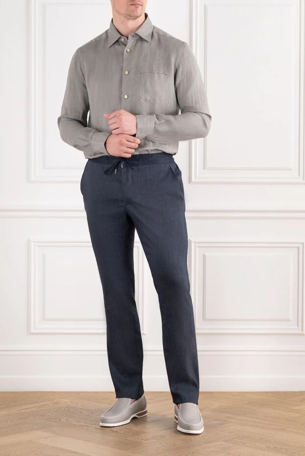 Navy blue linen trousers with a pleated waistband and adjustable drawstring - photo 2