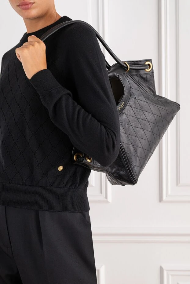 Balmain black smooth stitched leather tote bag 196631 - photo 2