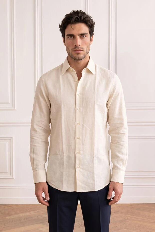 Ecru shirt made of premium textured linen with a turn-down collar - photo 1