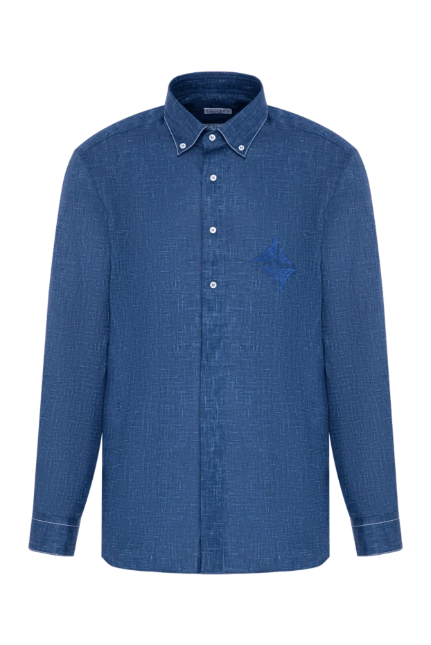 Blue linen shirt with a stylish button-down collar and white buttons - photo 1