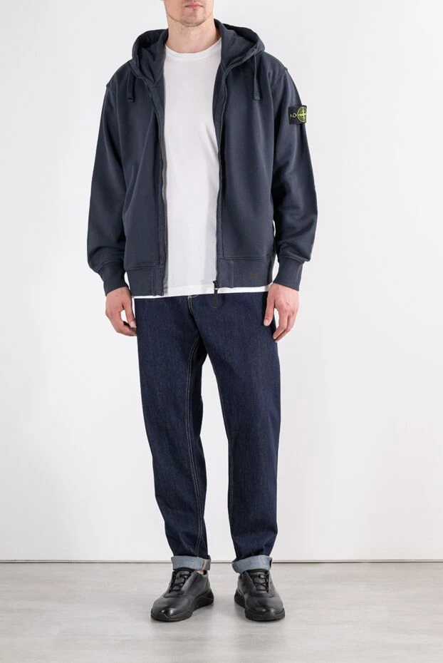 Stone Island blue cotton zip-up sweatshirt with a deep adjustable hood 196713 - photo 2