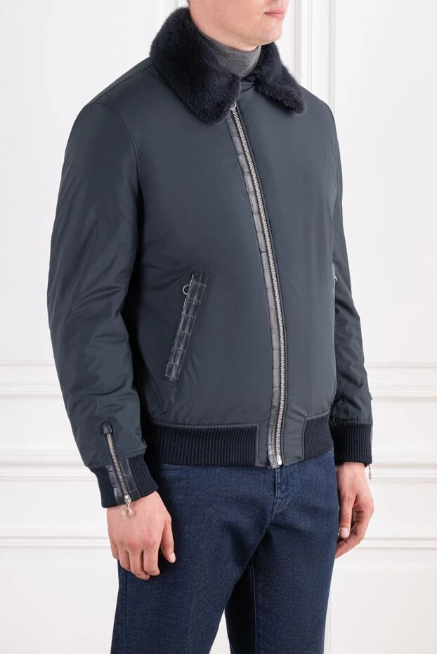 Seraphin қиғаш сыдырмасы бар, үлбір жағасы және қолтырауын жиегі бар көк түсті бомбардир күртеше 196831 - фото 3