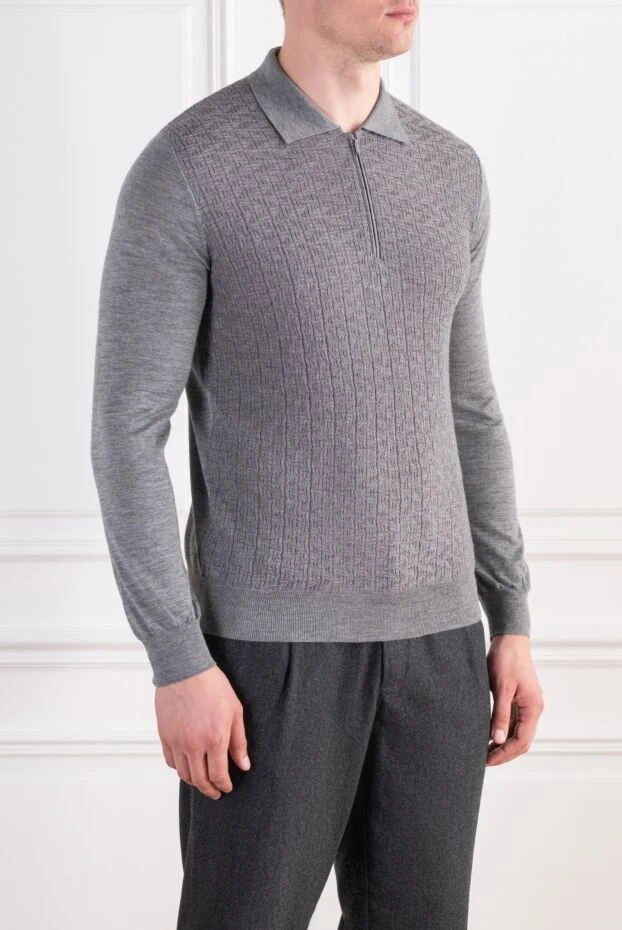 Zilli gray cashmere long sleeve polo shirt with crocodile trim 197434 - photo 3