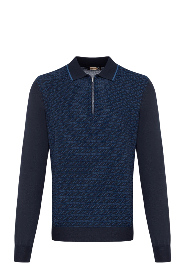 Zilli navy blue cashmere and silk long sleeve polo with textured cables 197437 - photo 1